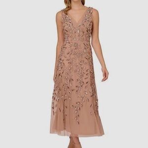 Adrianna Papell Women's Pink Floral Beaded Sequins V-Neck Dress Size 6